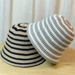 image-Sunshade Leisure Striped Knitted Dome Bucket Foldable Tide Bucket Hat