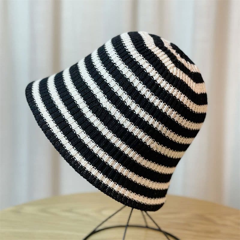 image-Sunshade Leisure Striped Knitted Dome Bucket Foldable Tide Bucket Hat