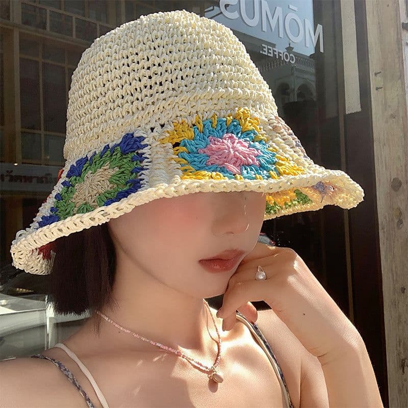 image-Women's Color Handmade Woven Hollowed Straw Hat