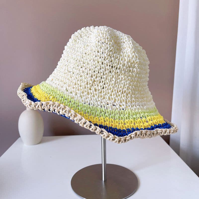 image-Women's Sun Protection Contrast Color Striped Straw Hat