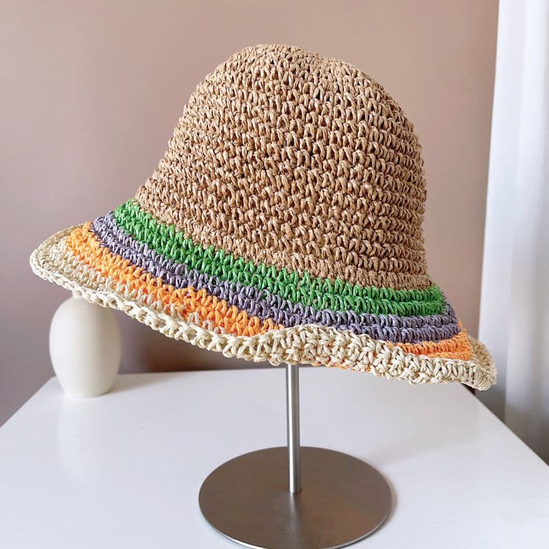 image-Women's Sun Protection Contrast Color Striped Straw Hat