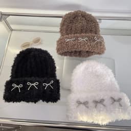 image-Autumn And Winter Thick Warm Soft Glutinous Knitted Bow Plush Bonnet For Women