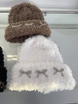 image-Autumn And Winter Thick Warm Soft Glutinous Knitted Bow Plush Bonnet For Women