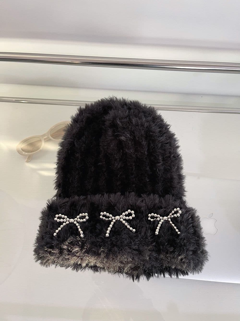 image-Autumn And Winter Thick Warm Soft Glutinous Knitted Bow Plush Bonnet For Women