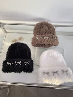 image-Autumn And Winter Thick Warm Soft Glutinous Knitted Bow Plush Bonnet For Women
