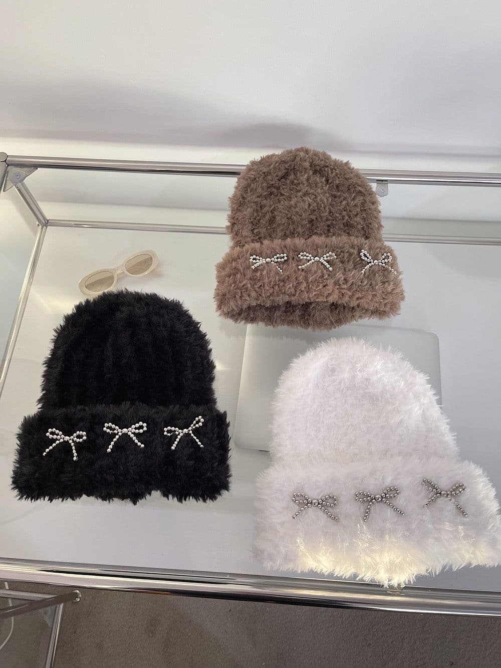 image-Autumn And Winter Thick Warm Soft Glutinous Knitted Bow Plush Bonnet For Women
