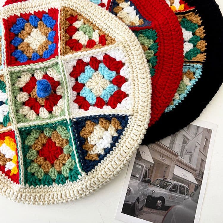 image-Hand-woven Flower Contrast Color Knitted Hat Women