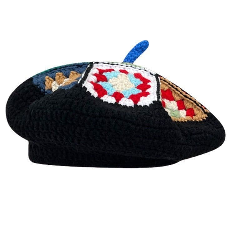 image-Hand-woven Flower Contrast Color Knitted Hat Women
