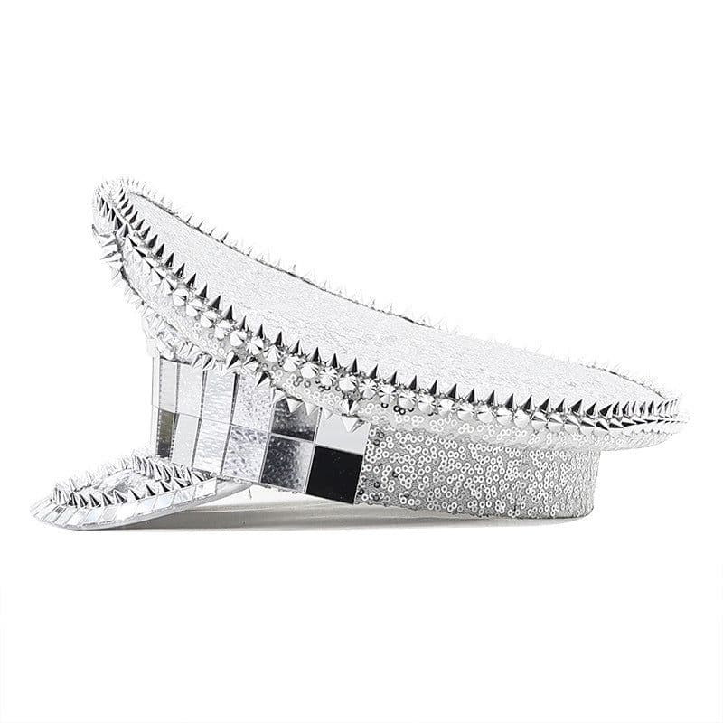 image-Nightclub Silver Rivet Hip Hop Laser Mirror Sequin Cap