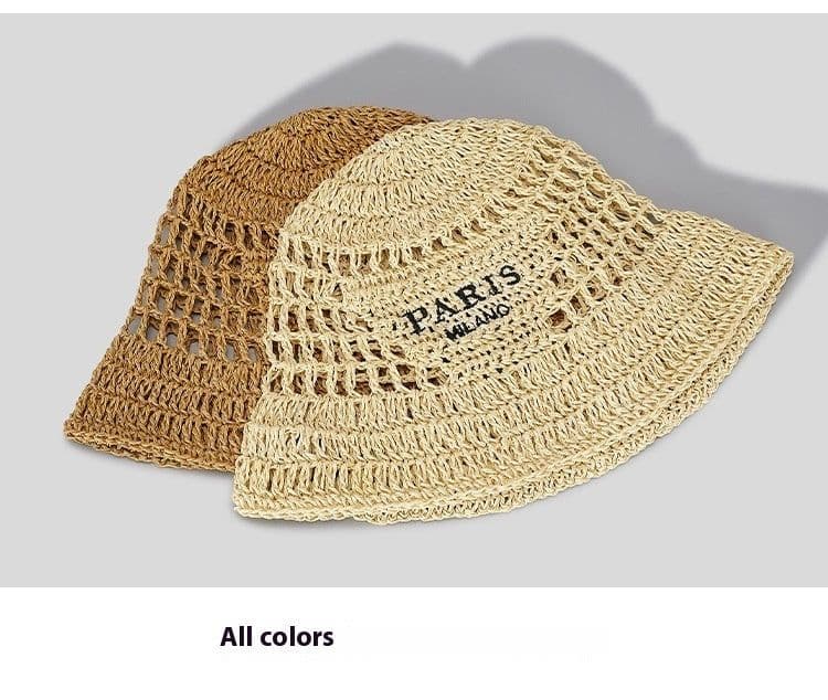 image-Hollow Grass Hand-made Embroidered Handwriting Beach Sun Pastoral Style Bucket Hat