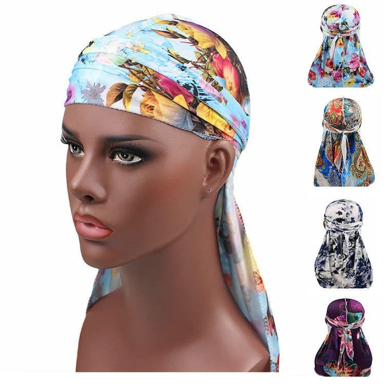 image-High Elastic Print Long Tail Pirate Hat Men Women Pile Cap