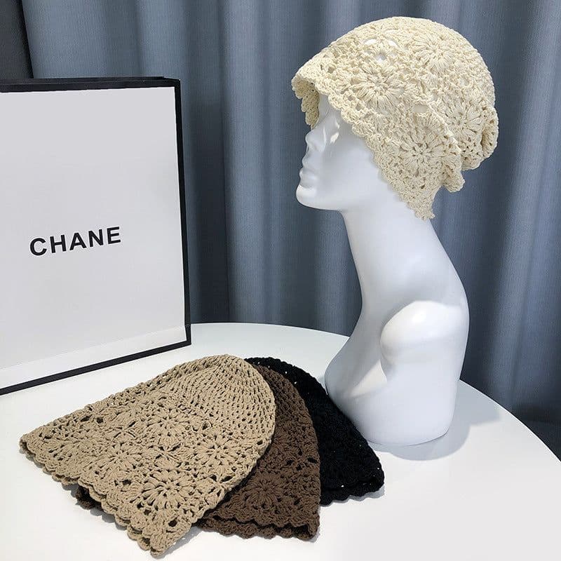 image-Handmade Crochet Baotou Hollow Wool Sweet Art Knitted Thin Section Pile Heap Cap