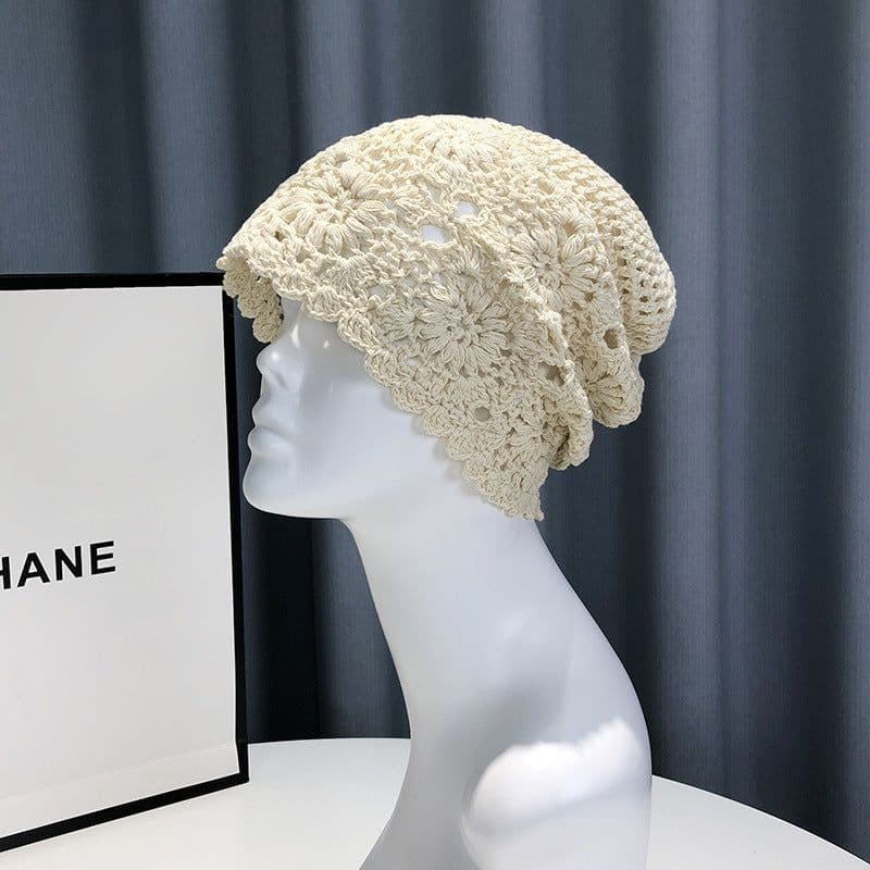 image-Handmade Crochet Baotou Hollow Wool Sweet Art Knitted Thin Section Pile Heap Cap