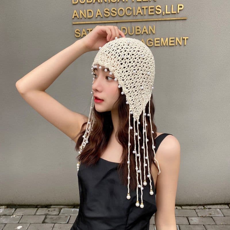 image-Ethnic Style Handmade Knitted Hat Tassel Pearl Fashion Hollowed-out Retro Artistic