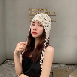image-Ethnic Style Handmade Knitted Hat Tassel Pearl Fashion Hollowed-out Retro Artistic