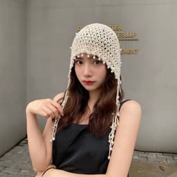 image-Ethnic Style Handmade Knitted Hat Tassel Pearl Fashion Hollowed-out Retro Artistic