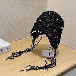 image-Ethnic Style Handmade Knitted Hat Tassel Pearl Fashion Hollowed-out Retro Artistic