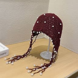 image-Ethnic Style Handmade Knitted Hat Tassel Pearl Fashion Hollowed-out Retro Artistic