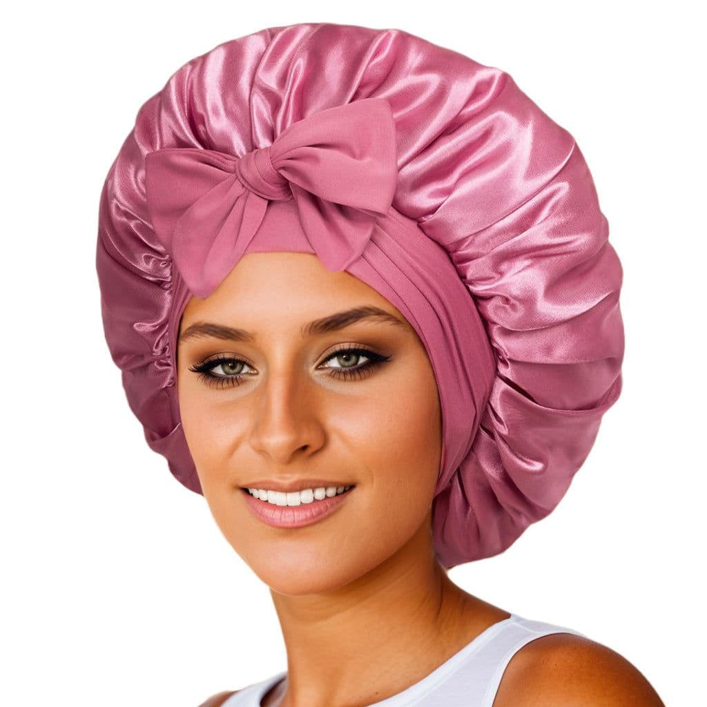 image-Double-layer Satin Ribbon Round Cap Bow Artificial Silk Beauty Hair Care Wide-brimmed Hat
