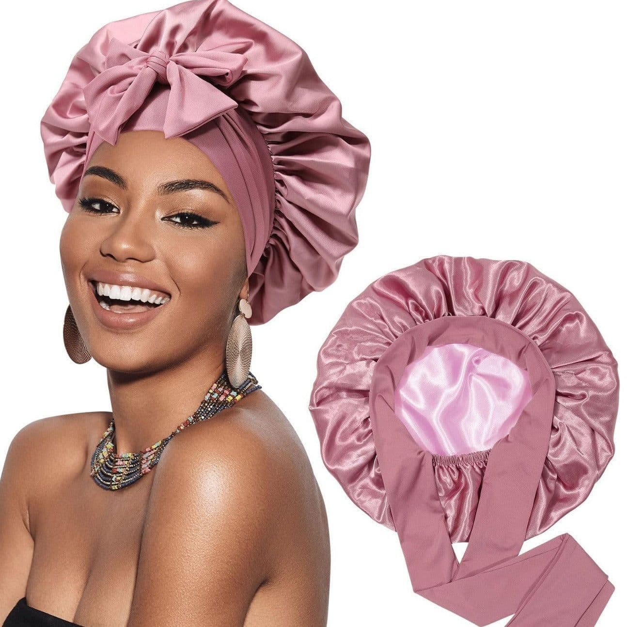 image-Double-layer Satin Ribbon Round Cap Bow Artificial Silk Beauty Hair Care Wide-brimmed Hat