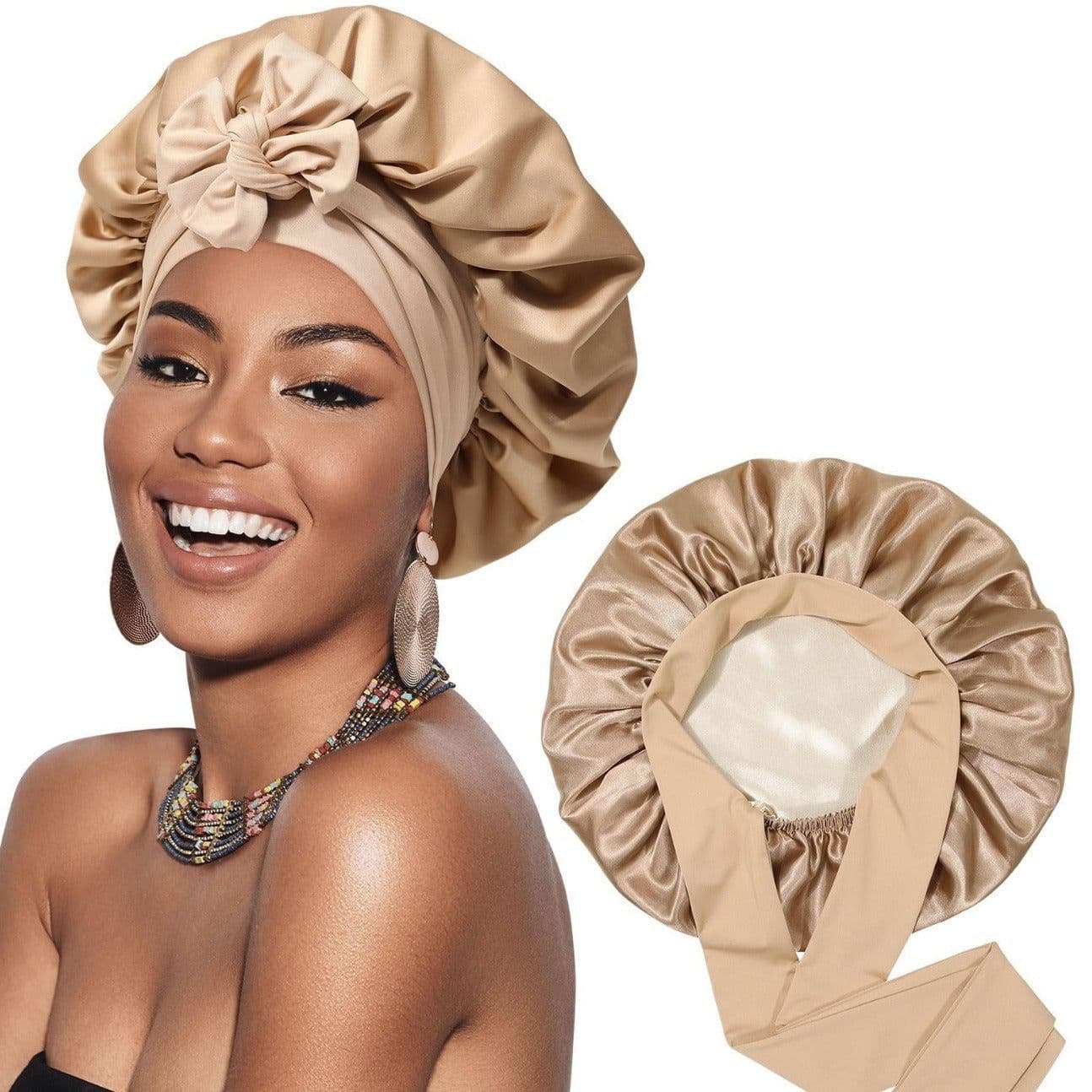 image-Double-layer Satin Ribbon Round Cap Bow Artificial Silk Beauty Hair Care Wide-brimmed Hat
