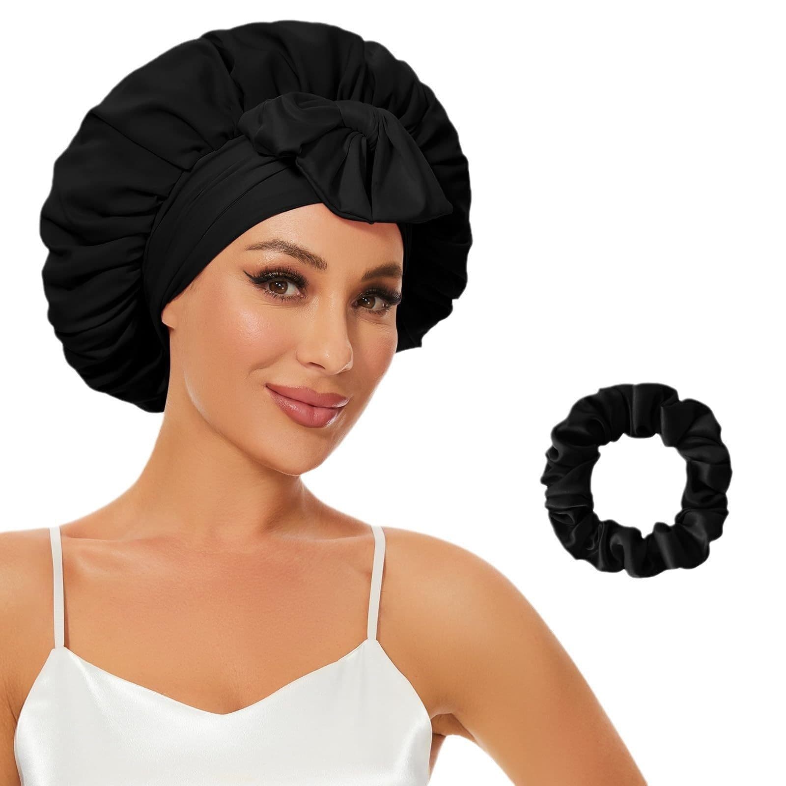 image-Double-layer Satin Ribbon Round Cap Bow Artificial Silk Beauty Hair Care Wide-brimmed Hat