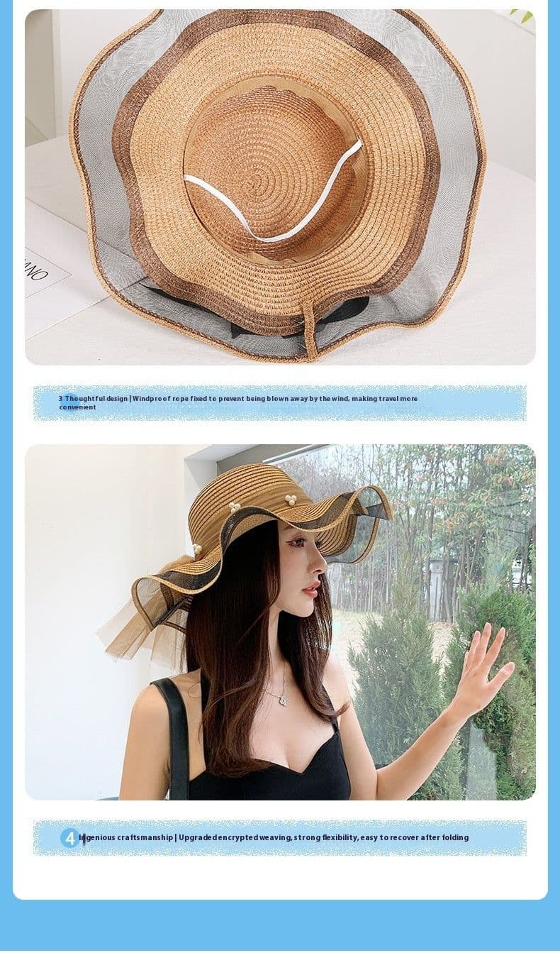 image-Big Brim Bow Ribbon Beach Hat Summer Outdoor Sun Hat Wave Straw Hat Lace Edge Pearl Sun Hat