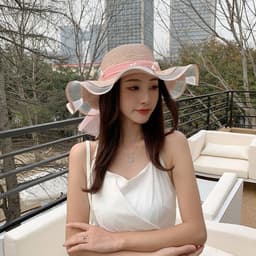 image-Big Brim Bow Ribbon Beach Hat Summer Outdoor Sun Hat Wave Straw Hat Lace Edge Pearl Sun Hat