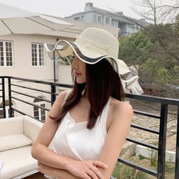 image-Big Brim Bow Ribbon Beach Hat Summer Outdoor Sun Hat Wave Straw Hat Lace Edge Pearl Sun Hat
