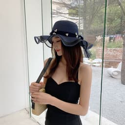 image-Big Brim Bow Ribbon Beach Hat Summer Outdoor Sun Hat Wave Straw Hat Lace Edge Pearl Sun Hat
