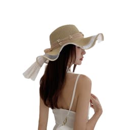 image-Big Brim Bow Ribbon Beach Hat Summer Outdoor Sun Hat Wave Straw Hat Lace Edge Pearl Sun Hat
