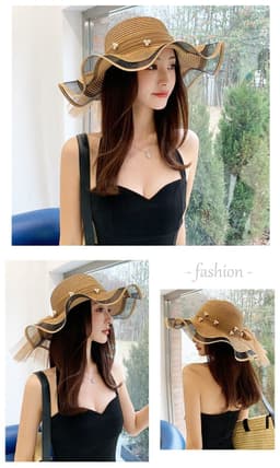image-Big Brim Bow Ribbon Beach Hat Summer Outdoor Sun Hat Wave Straw Hat Lace Edge Pearl Sun Hat