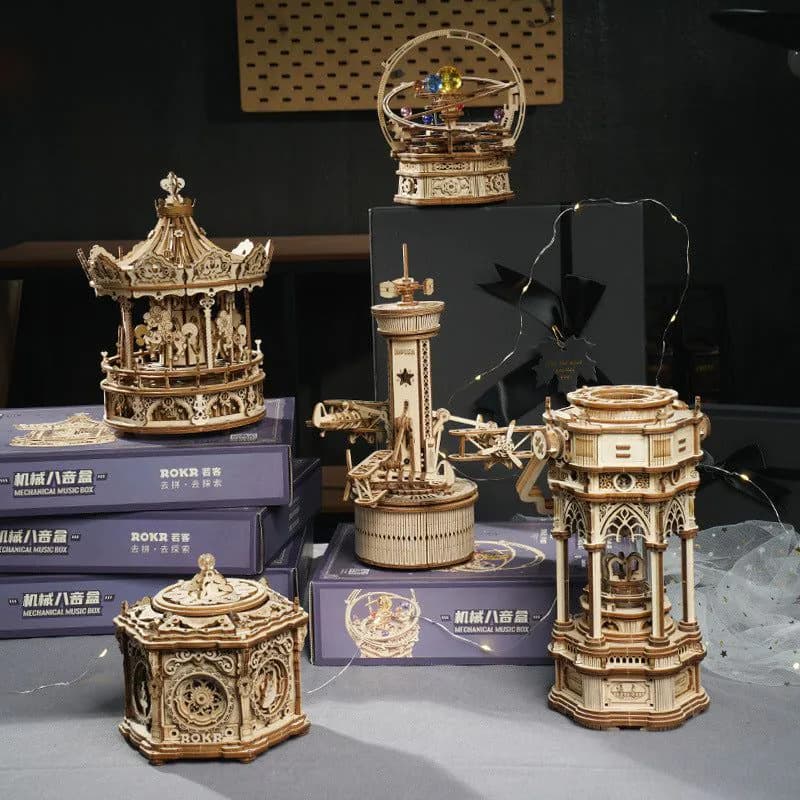 image-Rotatable DIY 3D Starry Night Wooden Model Building Kits Assembly Music Box Toy Gift