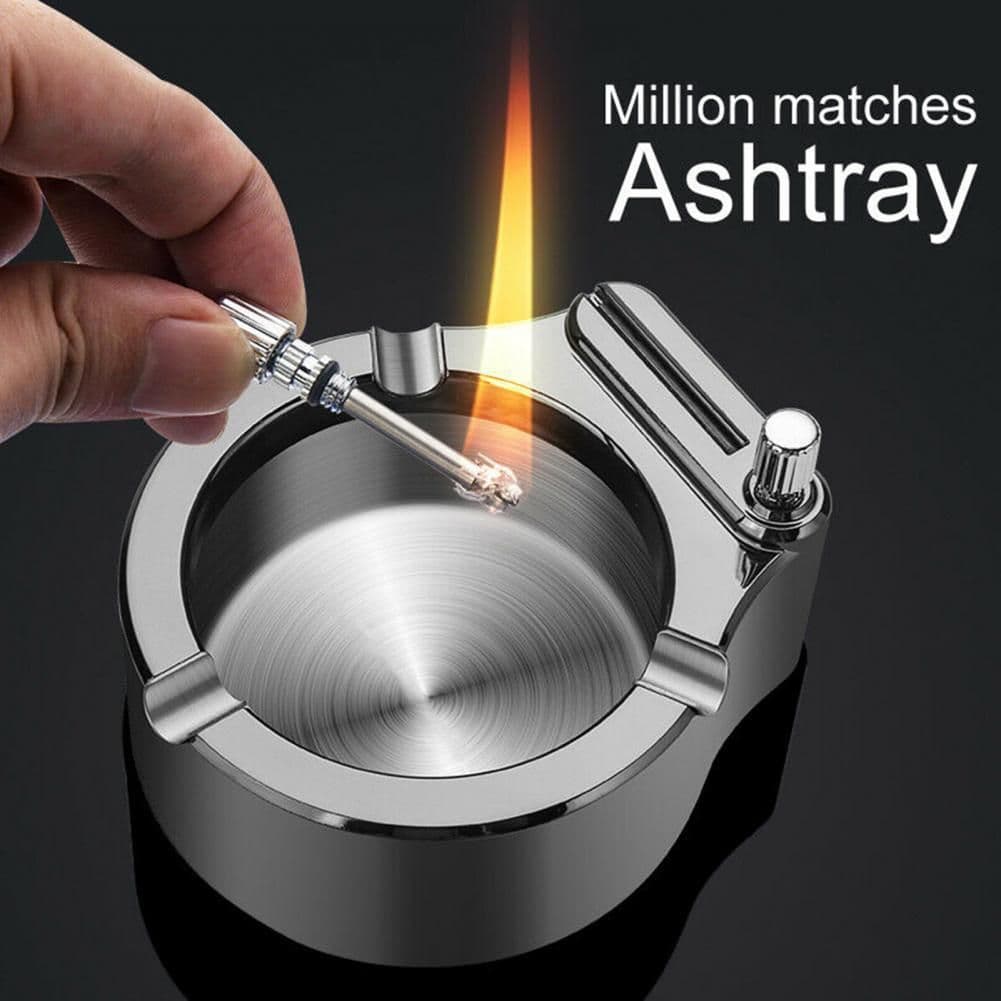 image-Large Cigarette Ashtray With Permanent Match Lighter Fancy Metal Ash Tray Set For Weed Cool Ashtrays For Cigars Outdoor Indoor Decor In Home Office