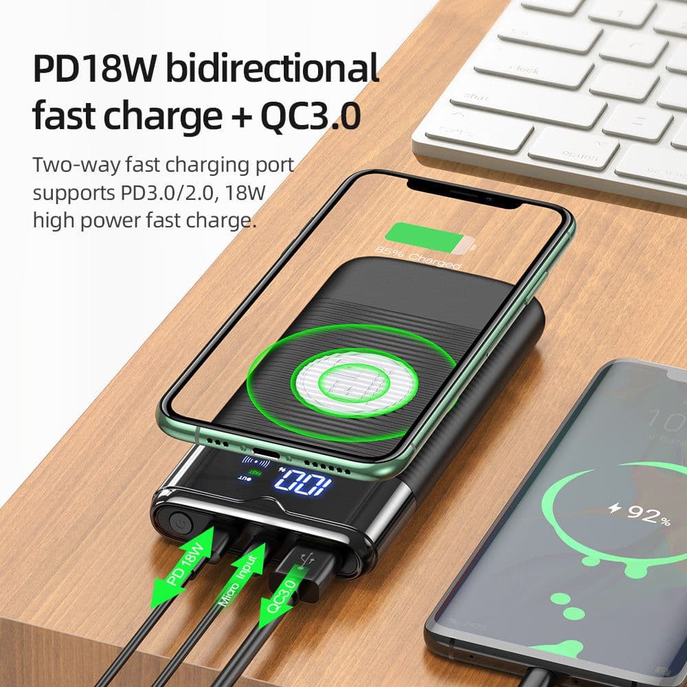 image-Power Bank 10000mAh Wireless Charger Power Bank PD QC3.0 18W Fast Charging USB Power Bank External Battery