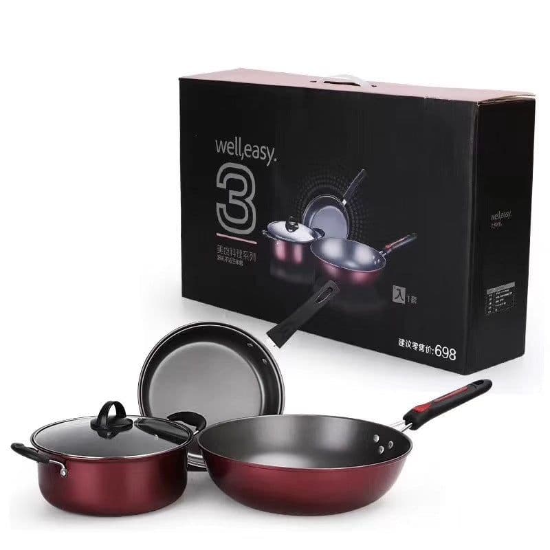 image-Factory Direct Sale Cookware Set Hao Li Three-Piece Cookware Non-Stick Pan Wok Soup Pot Frying Pan Gift Set Wholesale