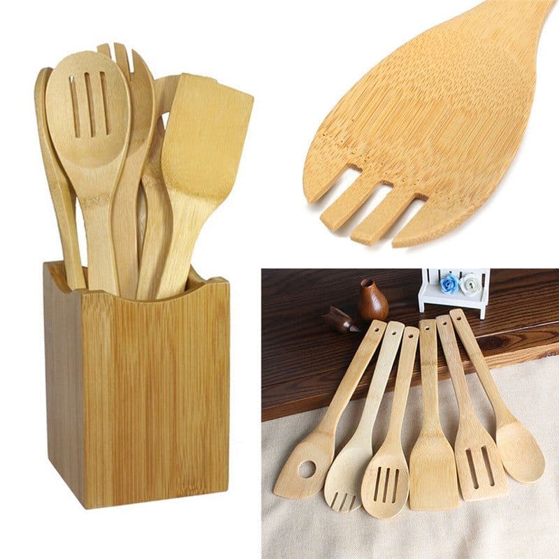 image-Bamboo Spatula Non-Stick Spatula Soup Spoon Salad Spoon Bamboo Spoon 6-Piece Set