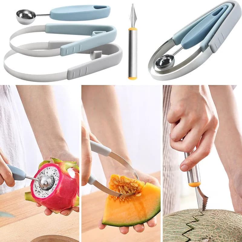 image-3 in 1 Fruit Carving Cutter Ball Digger DIY Kiwi Knife Watermelon Fruit Scoop Ice Cream Spoon Pastry Decor Tool