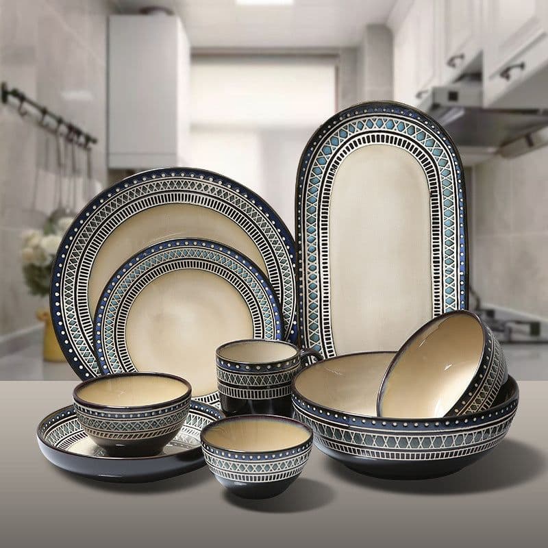 image-European Ceramic Tableware Set Relief Steak Plate Salad Bowl Rice Bowl Western Restaurant Fish Plate Cup