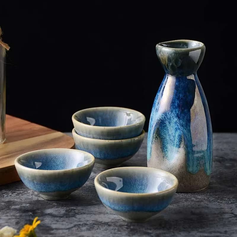 image-Vintage Japanese Ceramic Pot Liquor Glass 1 Jar 4 Cups Home Bar Sake White Glass Bottle
