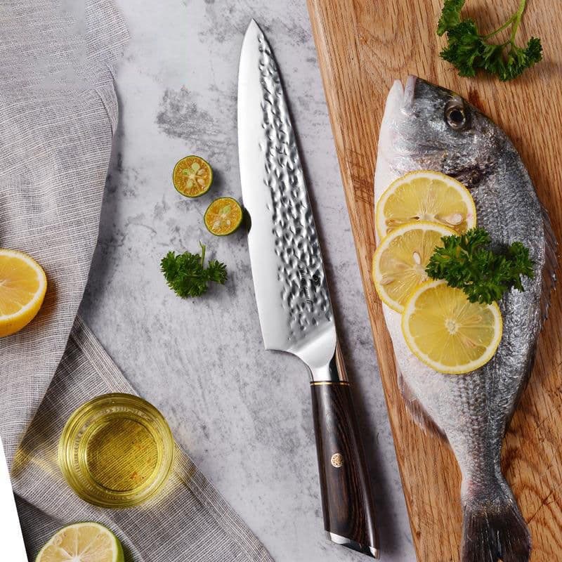 image-Chef'S Knife 8 Inch Household Color Wooden Handle Forged Hammered Stainless Steel Slicing Knife Kitchen Knives