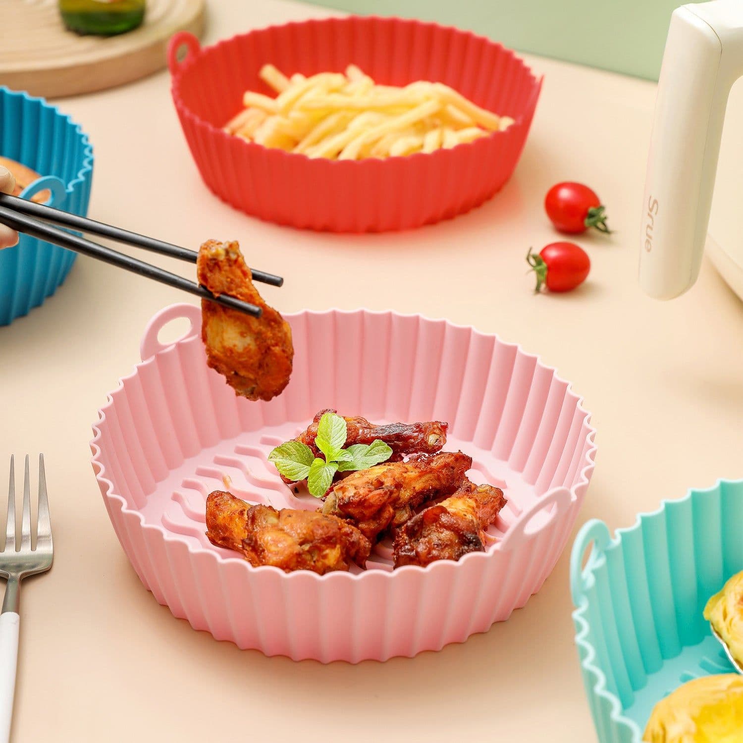 image-Silicone Basket Pot Tray Airfryer Liner For Air Fryer Reusable Container Accessories Pan Baking Mold Canister Shape Protector