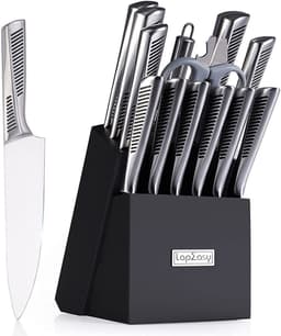 image-Kitchen Knife Set. LapEasy 15 Piece Knife Sets With Block Chef Knife Stainless Steel Hollow Handle Cutlery With Manual Sharpener