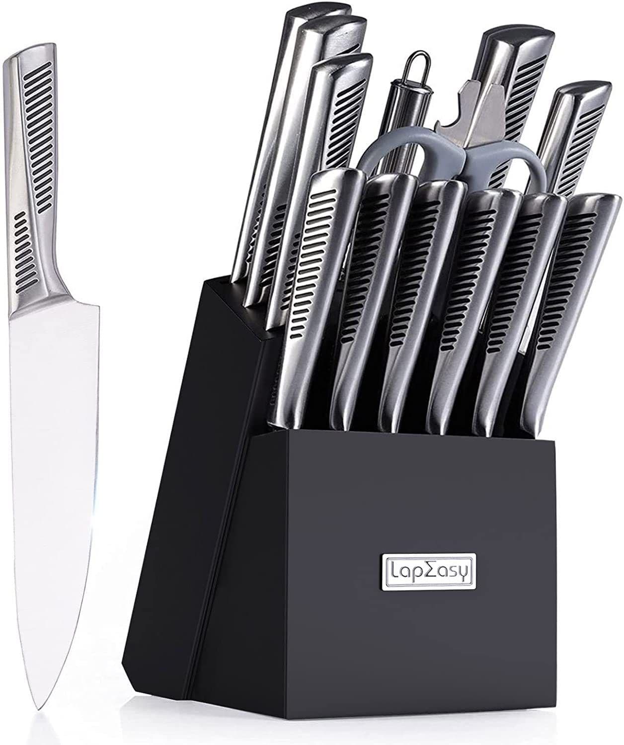 image-Kitchen Knife Set. LapEasy 15 Piece Knife Sets With Block Chef Knife Stainless Steel Hollow Handle Cutlery With Manual Sharpener