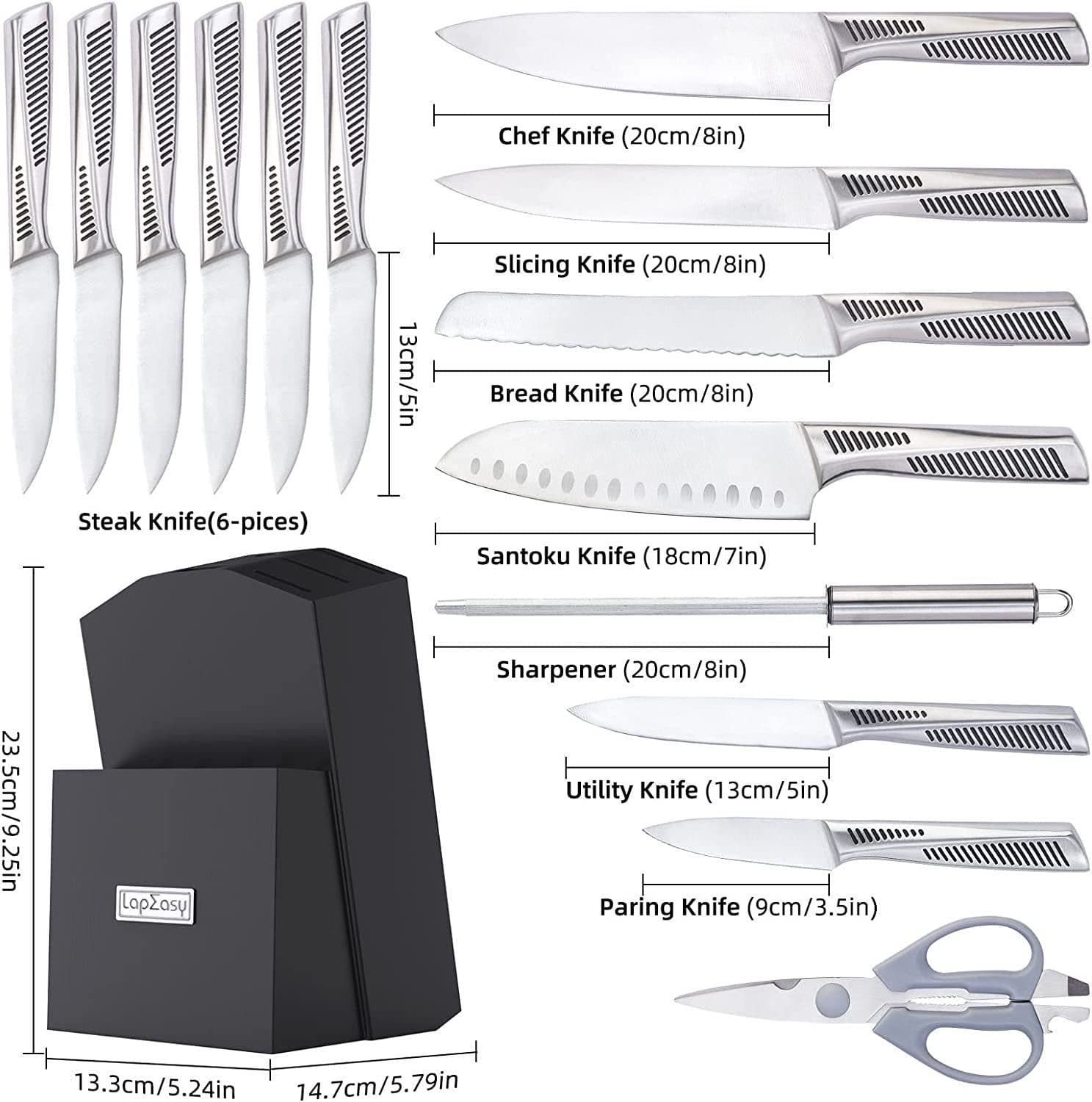 image-Kitchen Knife Set. LapEasy 15 Piece Knife Sets With Block Chef Knife Stainless Steel Hollow Handle Cutlery With Manual Sharpener