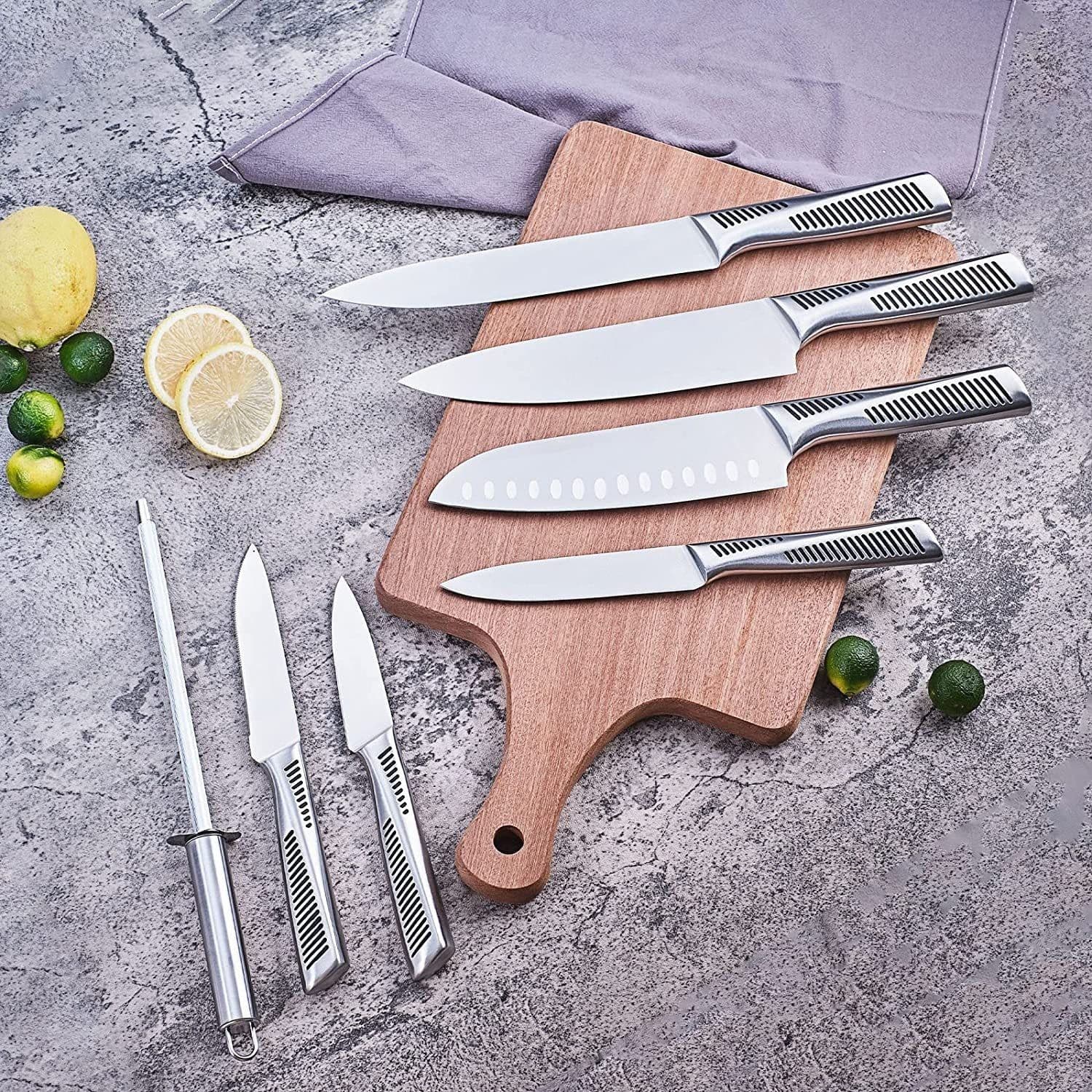 image-Kitchen Knife Set. LapEasy 15 Piece Knife Sets With Block Chef Knife Stainless Steel Hollow Handle Cutlery With Manual Sharpener