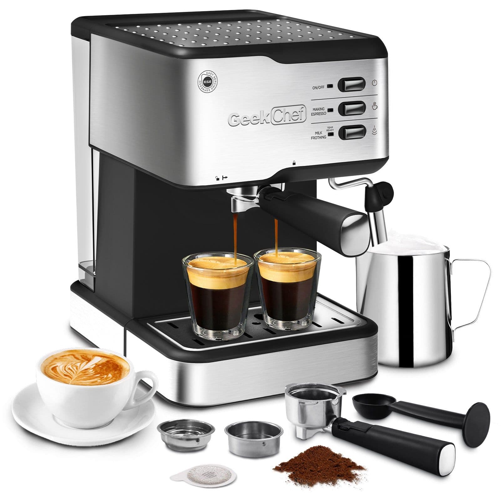 image-Geek Chef Espresso Machine, Espresso&Cappuccino Latte Maker 20 Bar Coffee Machine Compatible With ESE POD Capsules Filter&Milk Frother Steam Wand, 950W, 1.5L Water Tank,Ban On Amazon