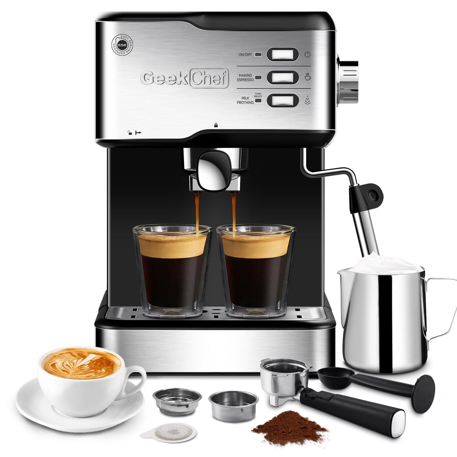 image-Geek Chef Espresso Machine, Espresso&Cappuccino Latte Maker 20 Bar Coffee Machine Compatible With ESE POD Capsules Filter&Milk Frother Steam Wand, 950W, 1.5L Water Tank,Ban On Amazon