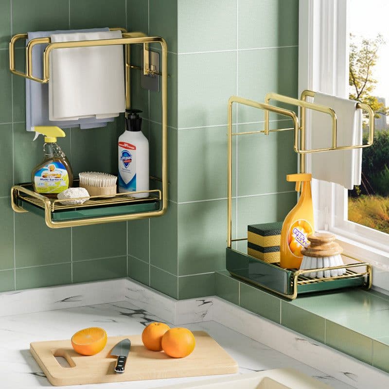 image-Sponge Holder Wall Mounted Kitchen Organizer Dish Drainer Brush Soap Rack With Drain Tray Rag Rack Bathroom Kitchen Accessories
