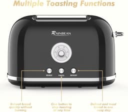 image-Toaster 2 Slice Retro Toaster Stainless Steel With 6 Bread Shade Settings And Bagel Cancel Defrost Reheat Function, Cute Bread Toaster With Extra Wide Slot And Removable Crumb Tray